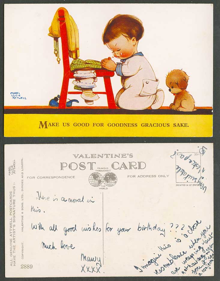 MABEL LUCIE ATTWELL Old Postcard Make Us Good for Gracious Sake. Girl & Dog 2889