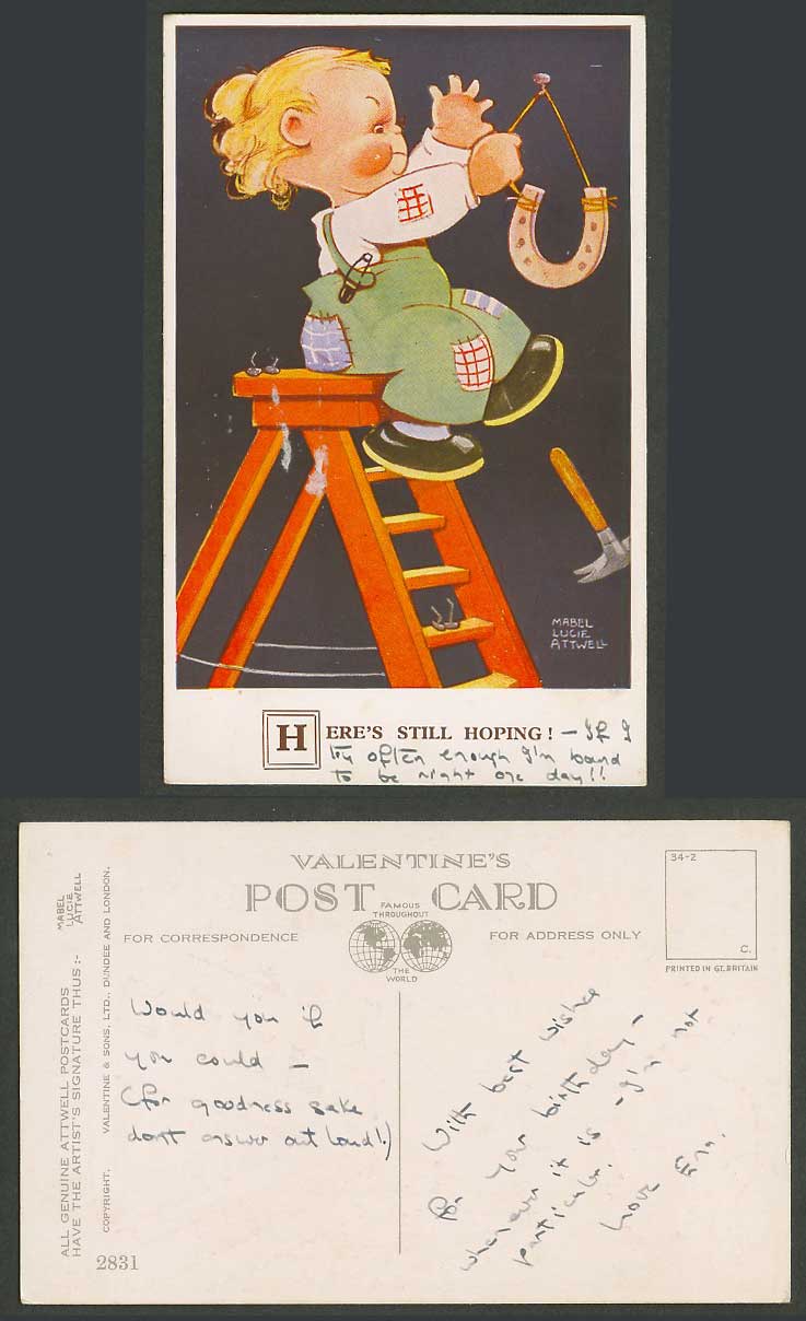 MABEL LUCIE ATTWELL Old Postcard Here's Still Hoping! Girl Ladder Horseshoe 2831