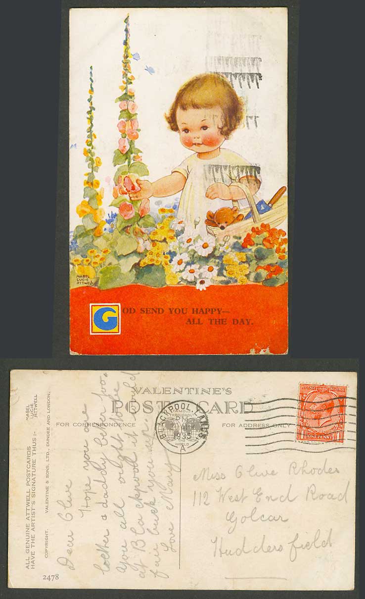 MABEL LUCIE ATTWELL 1935 Old Postcard God Send You Happy All Day Teddy Bear 2478