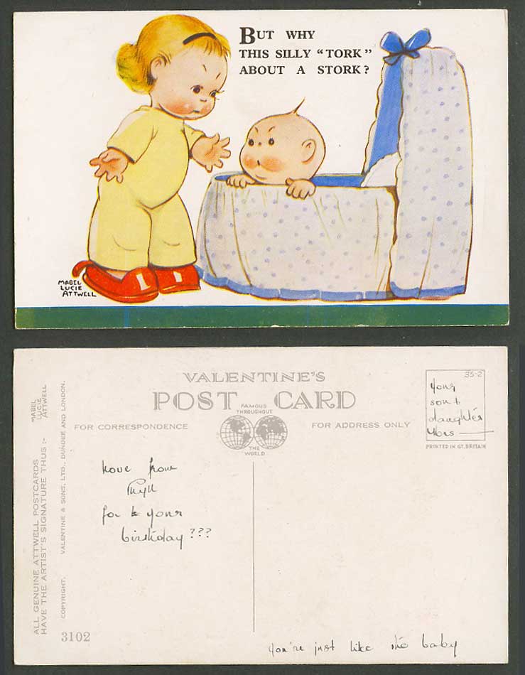 MABEL LUCIE ATTWELL Old Postcard But Why This Silly Tork about a Stork Baby 3102