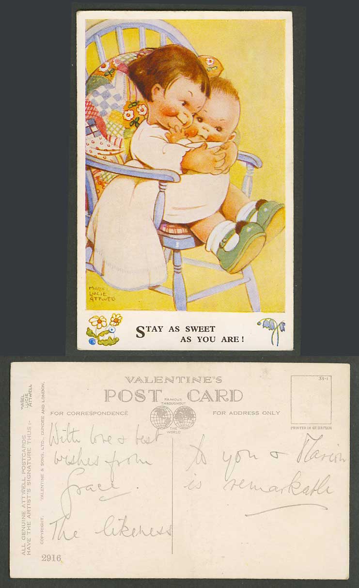 MABEL LUCIE ATTWELL Old Postcard Stay Sweet as You Are! Girl Holding a Baby 2916