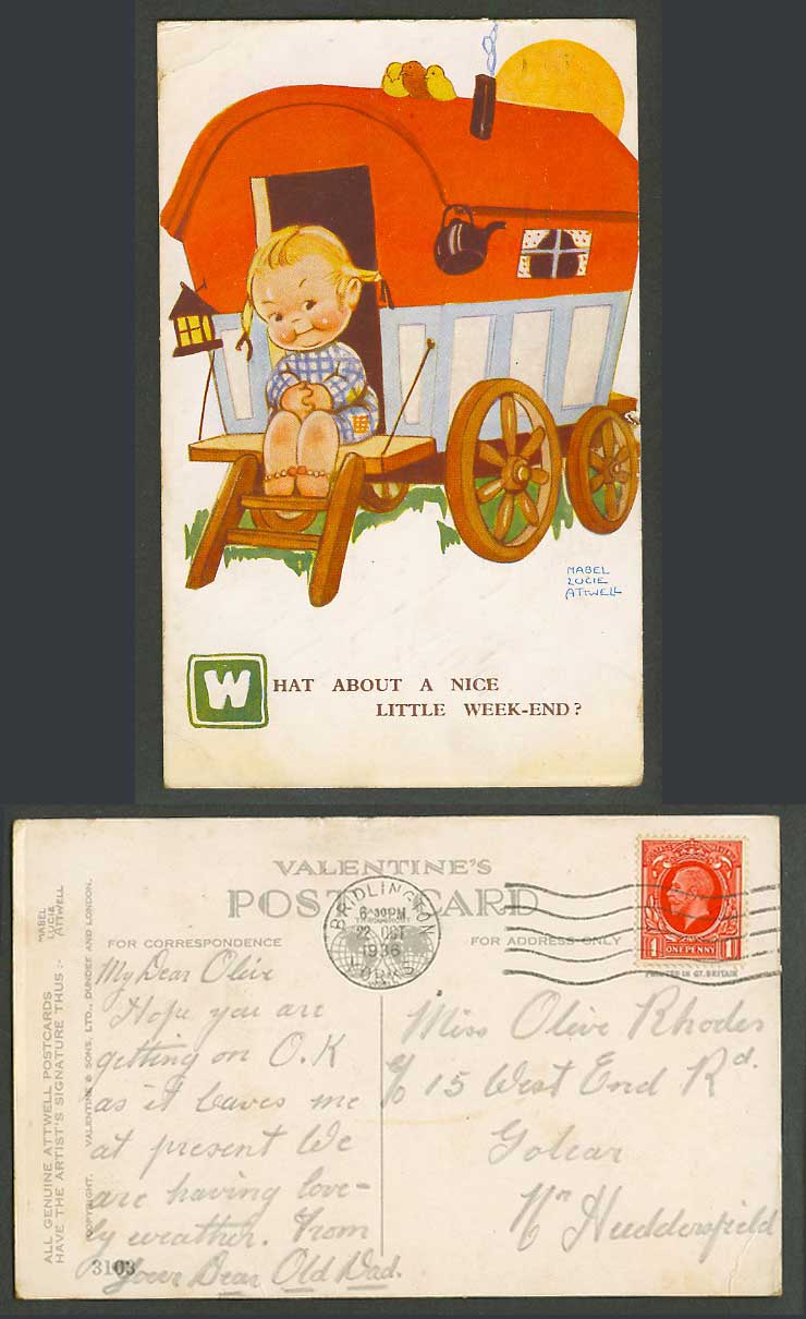 MABEL LUCIE ATTWELL 1936 Old Postcard What About Nice Little Weekend? Wagon 3103