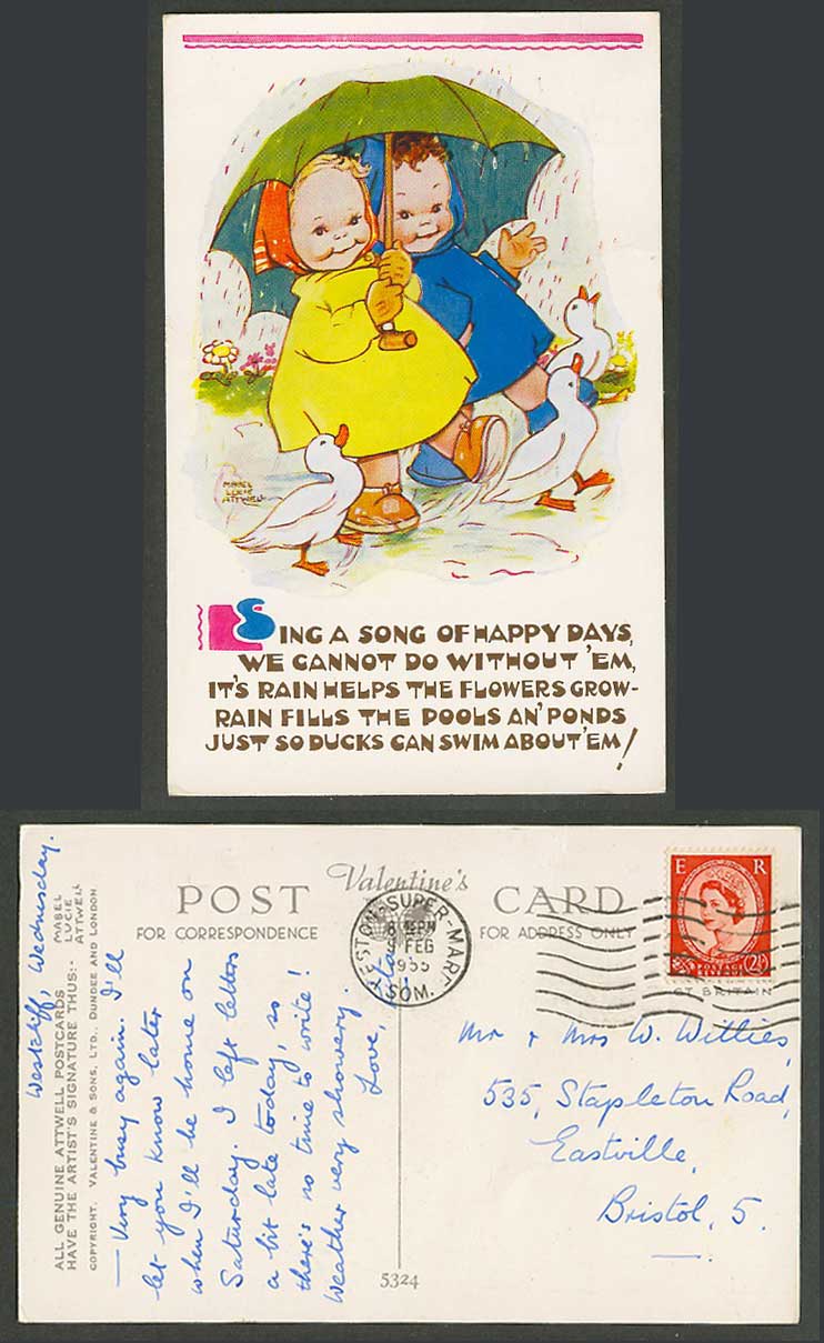 MABEL LUCIE ATTWELL 1955 Old Postcard Rain Helps Flower Grow Ducks Can Swim 5324