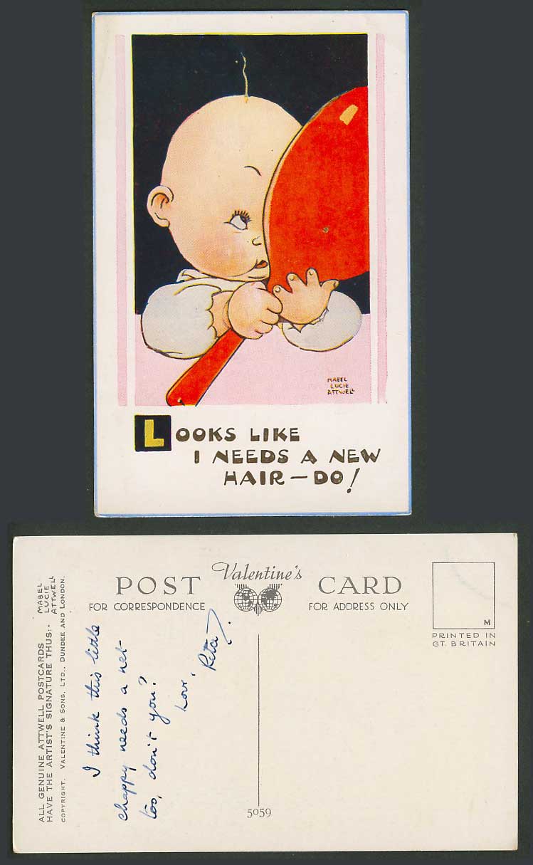 MABEL LUCIE ATTWELL Old Postcard Looks Like I Need a New Hair-Do! Baby Girl 5059