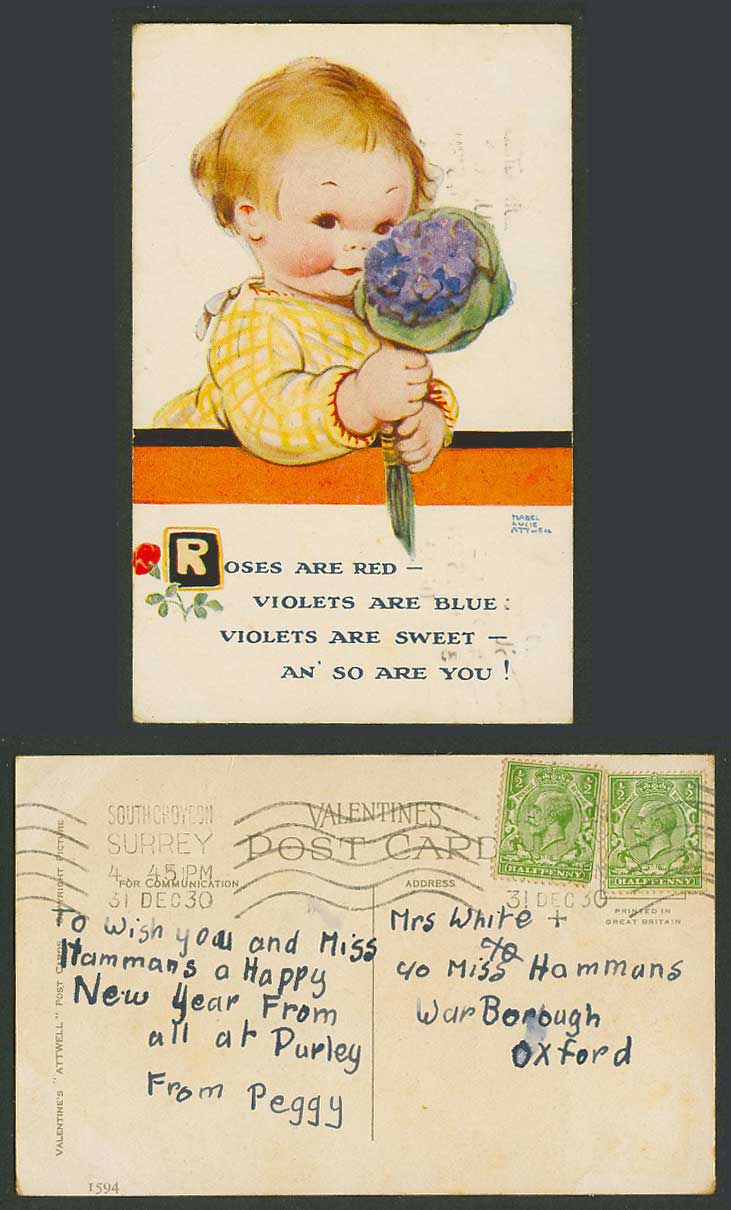 MABEL LUCIE ATTWELL 1930 Old Postcard Violets are Blue and Sweet So Are You 1594
