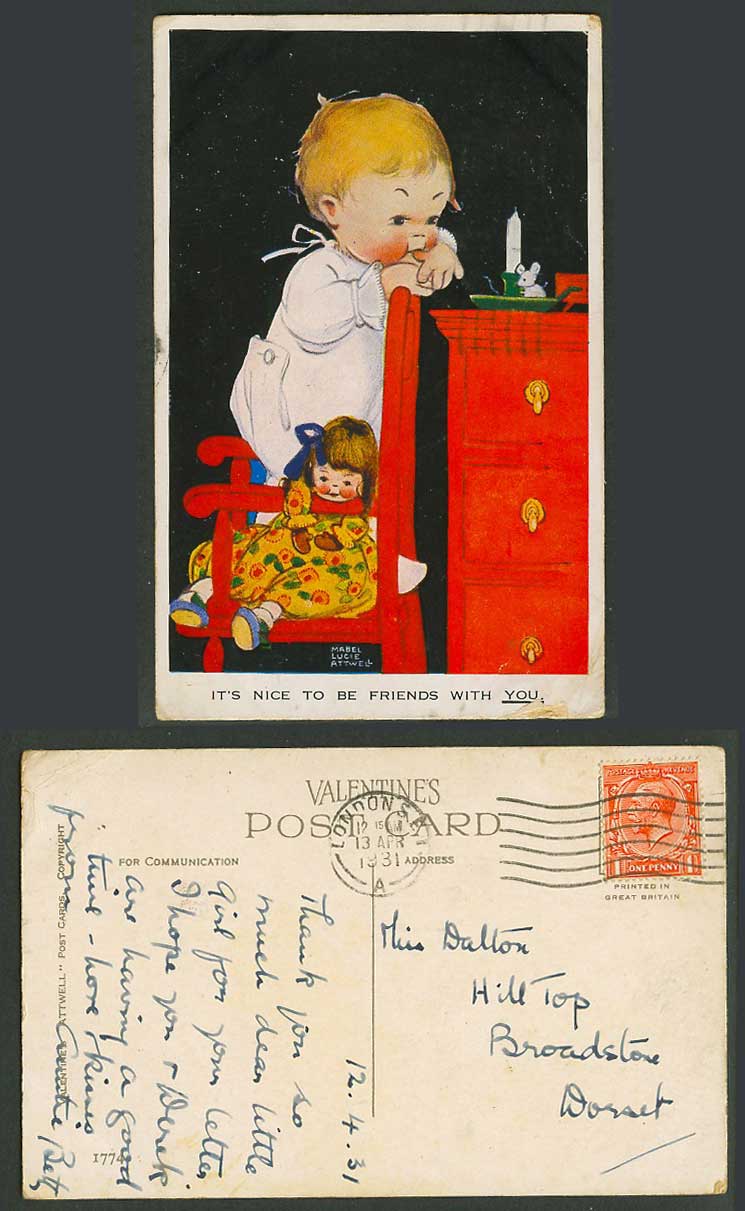 MABEL LUCIE ATTWELL 1931 Old Postcard Nice to be Friends with You, Mouse 1774