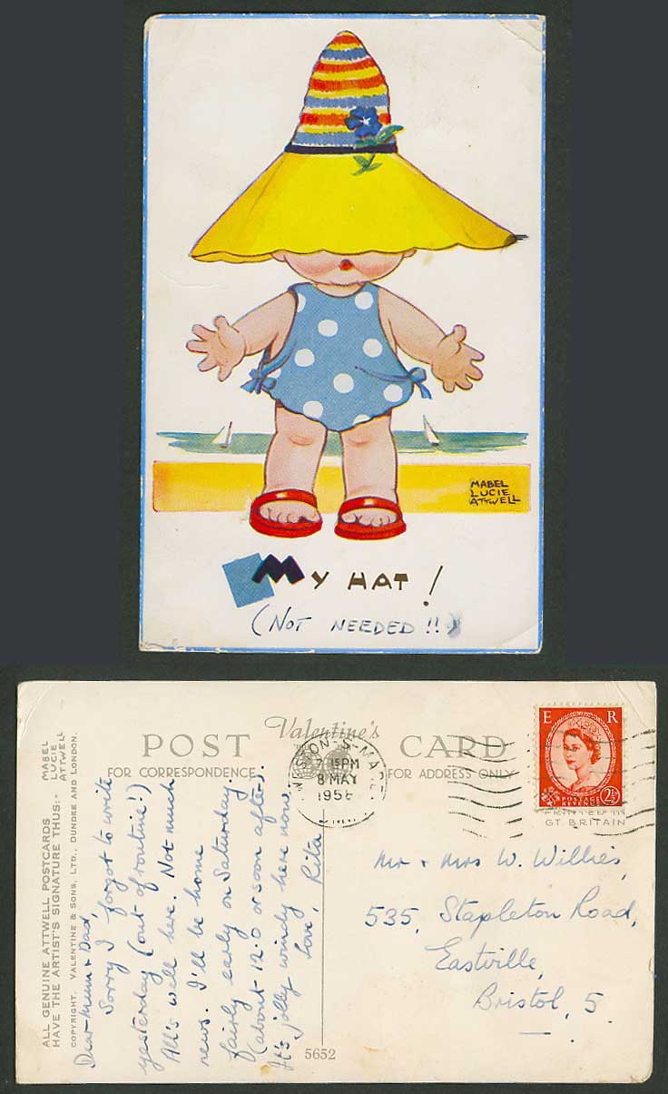 MABEL LUCIE ATTWELL 1958 Old Postcard Little Girl wear My Hat Beach Seaside 5652