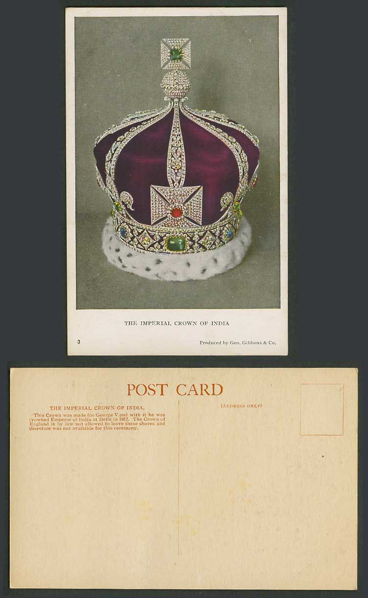 Imperial Crown of India King George V crowned Indian Emperor Old Colour Postcard