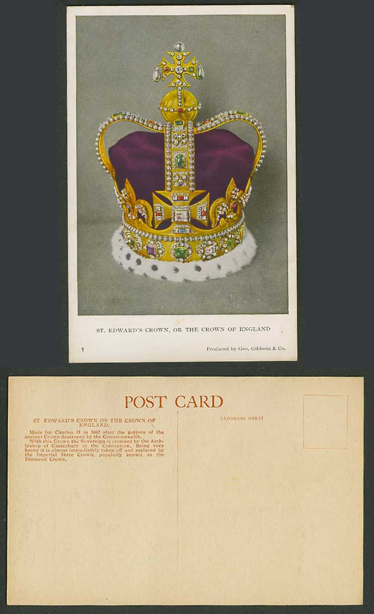 St. Edward's Crown of England, Made for Charles II in 1662 Old Colour Postcard