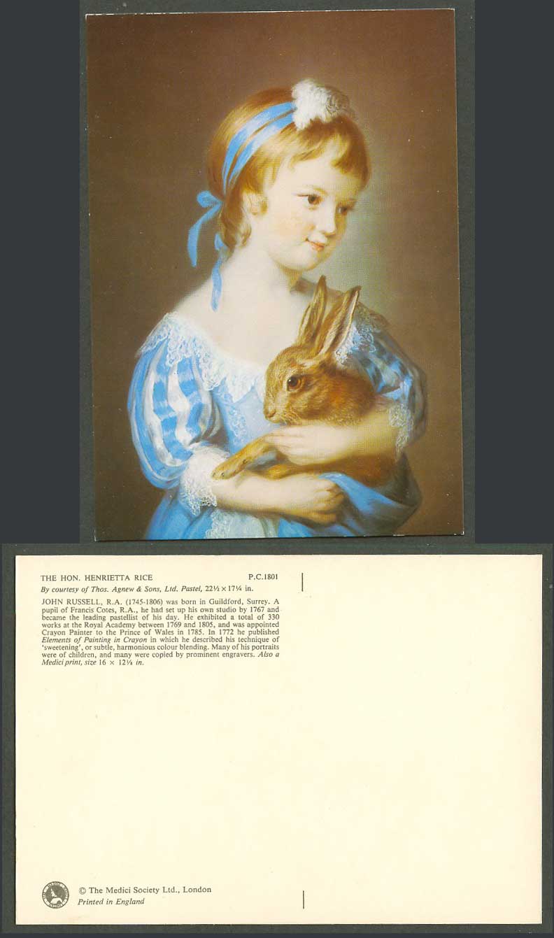 The Hon. Henrietta Rice Little Girl holding a Rabbit, John Russell R.A. Postcard