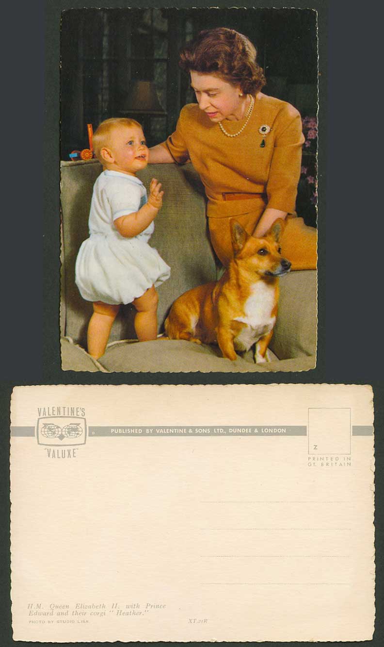 H.M. Queen Elizabeth II Prince Edward Baby, Corgi Heather Dog Puppy Old Postcard