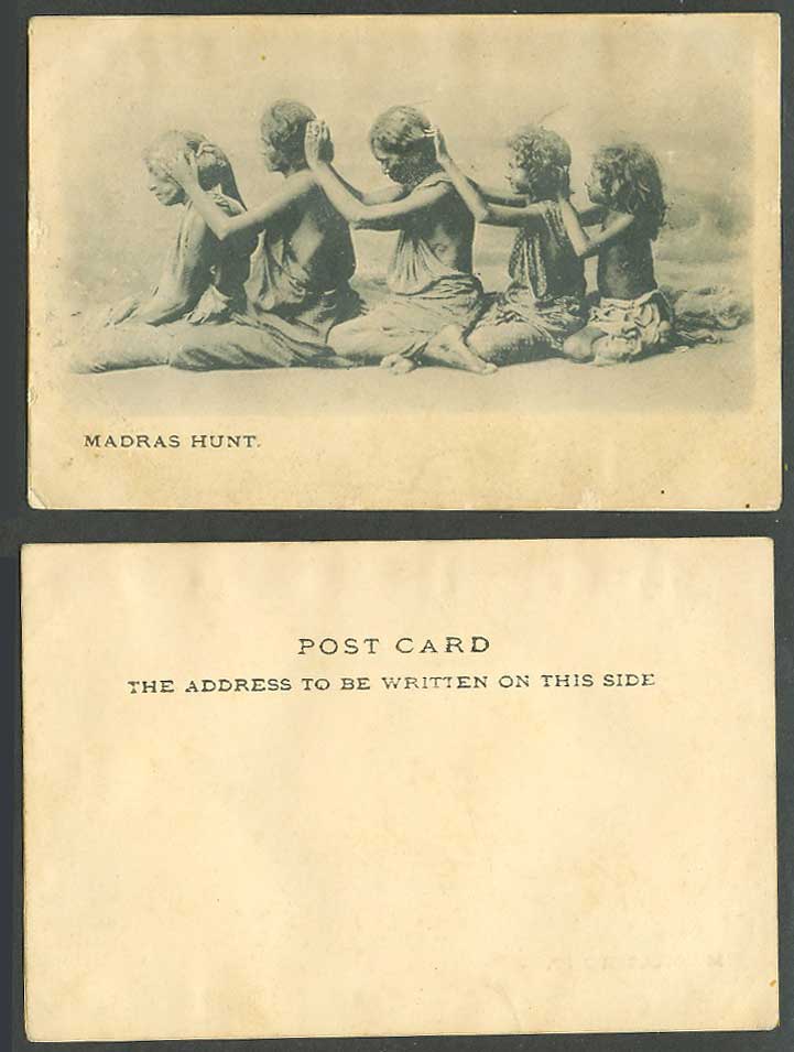 India Old UB Postcard MADRAS HUNT Native Women and Girls Hunting for Lice, Louse