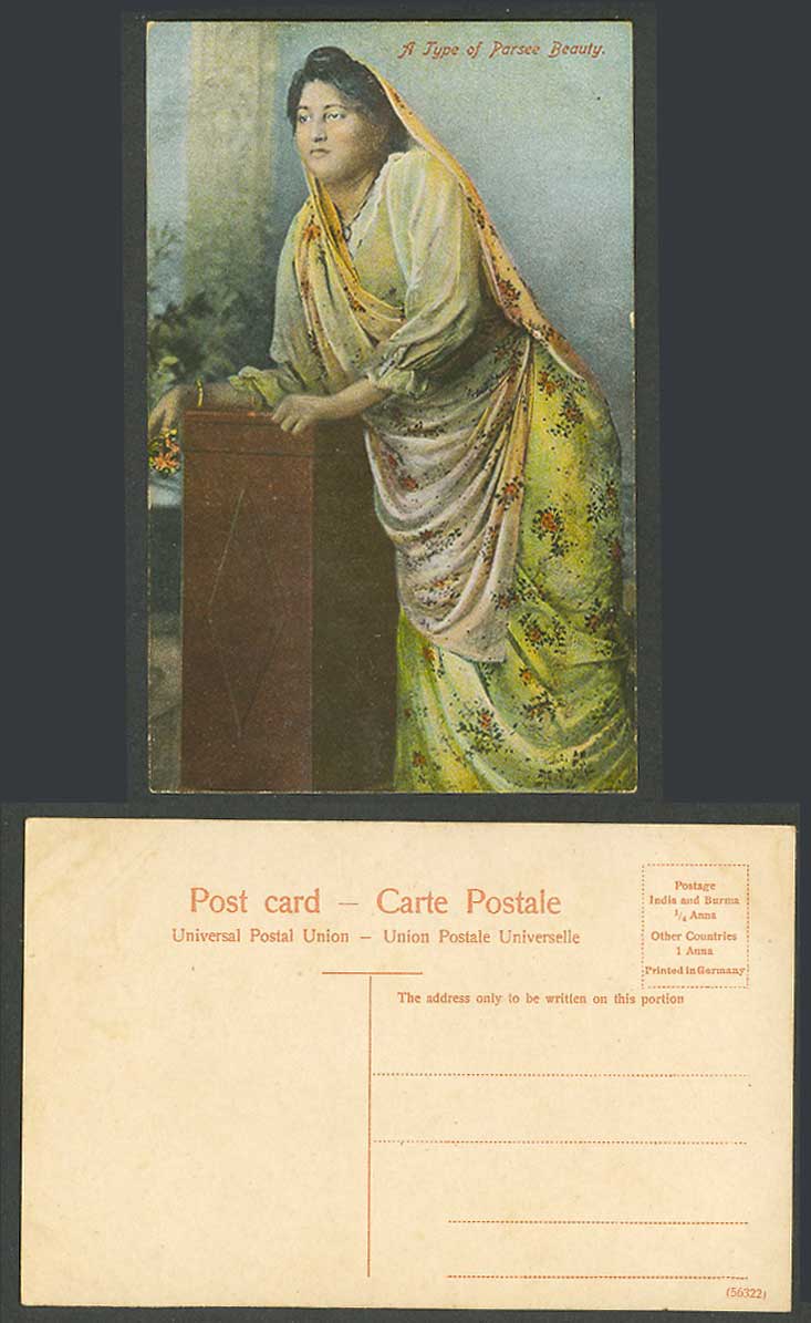 India Old Colour Postcard Type of Parsee Beauty Native Hindu Woman Lady Costumes