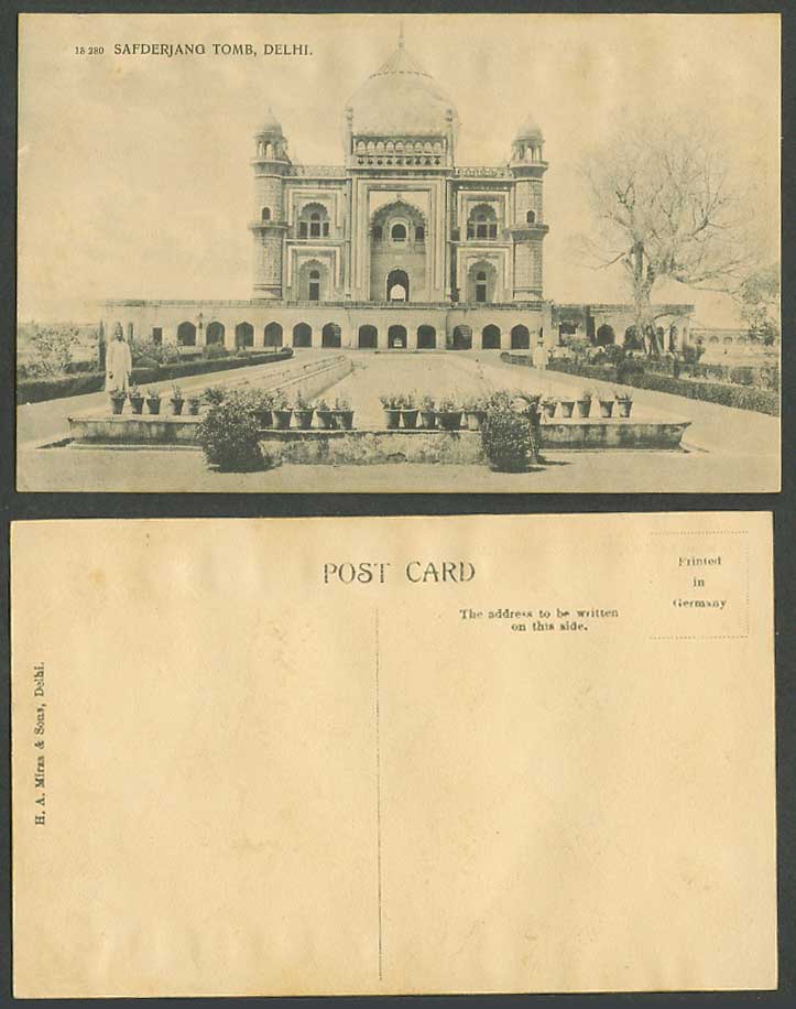India Old Postcard Safderjang Tomb Delhi Gardens Trees Pots Plants HA Mirza Sons