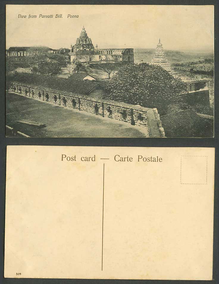 India Old Postcard Panoramic View from Parvatti Hill Poona Pagoda Temples Towers