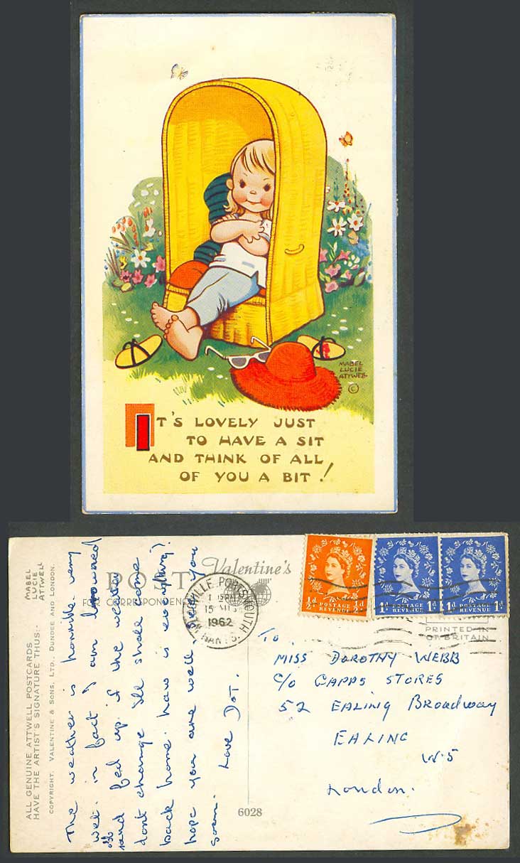 MABEL LUCIE ATTWELL 1962 Old Postcard Butterflies Lovely to Sit Think of U! 6028