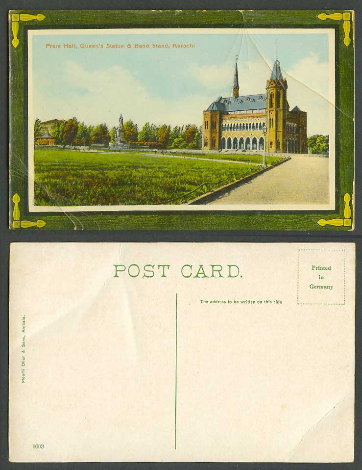 Pakistan Old Colour Postcard Frere Hall & Statue KARACHI British India Indian
