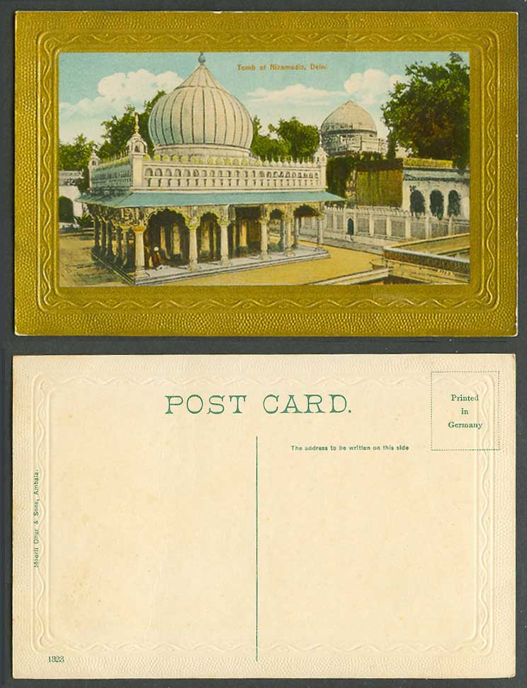 India Old Colour Embossed Postcard Tomb of Nizamudin, Delhi, Moorli Dhur No.1323
