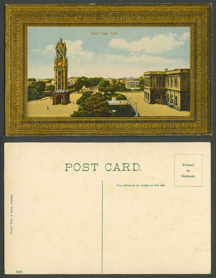 India Old Colour Postcard Clock Tower Delhi, Street Scene Garden and Statue 1318