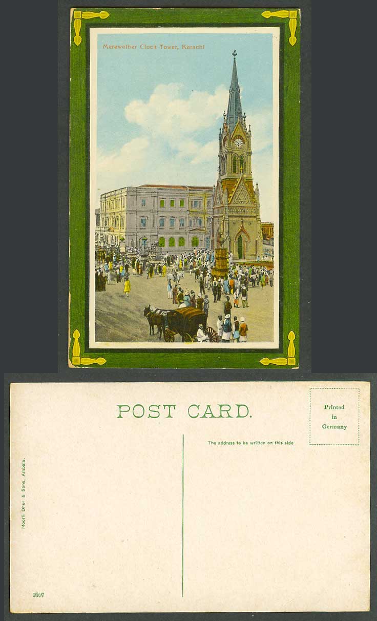 Pakistan Old Colour Postcard Merewether Clock Tower, Karachi, Street Scene, Cart
