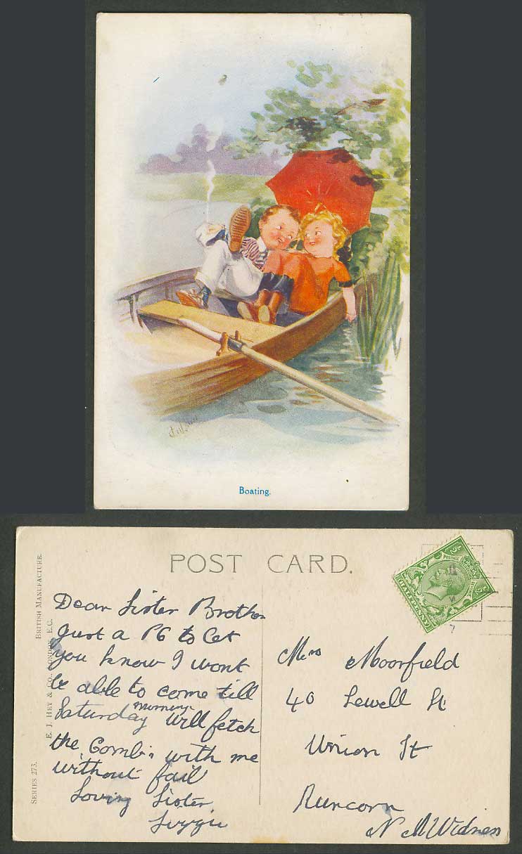 T. Gilson Old Postcard Boating, Little Boy Girl on Boat Umbrella Smoking Romance