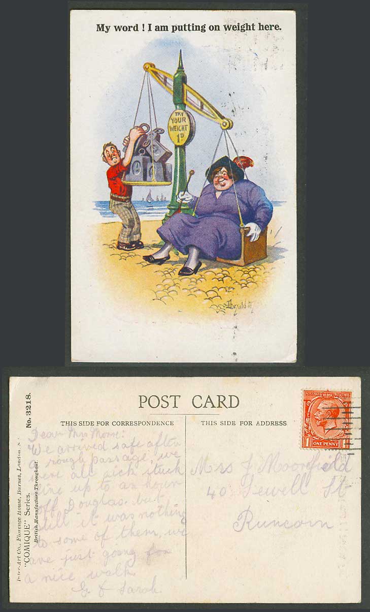 Donald McGill Old Postcard May word! I am putting on weight here Fat Lady Scales