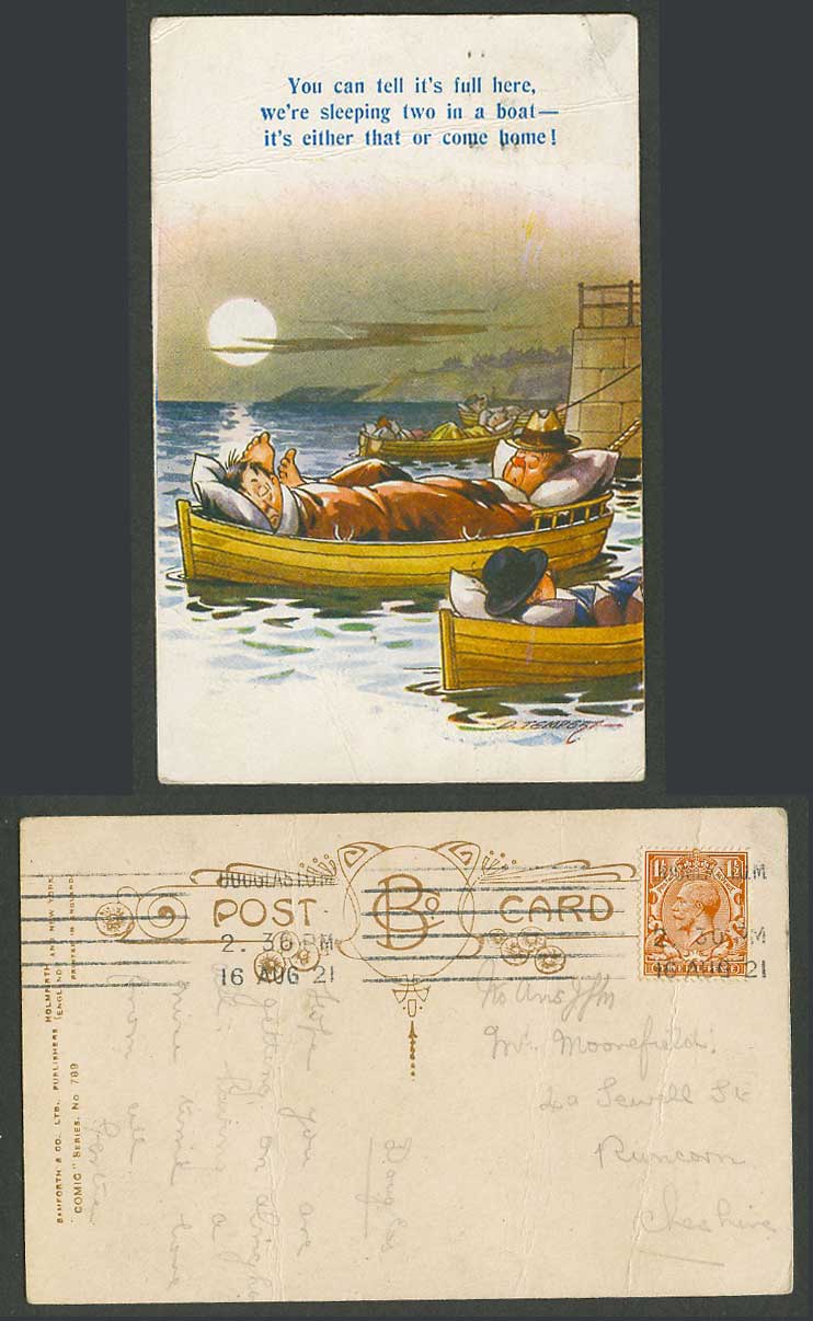 D. Tempest 1921 Old Postcard Full Here, We're Sleeping 2 in a Boat or Come Home!