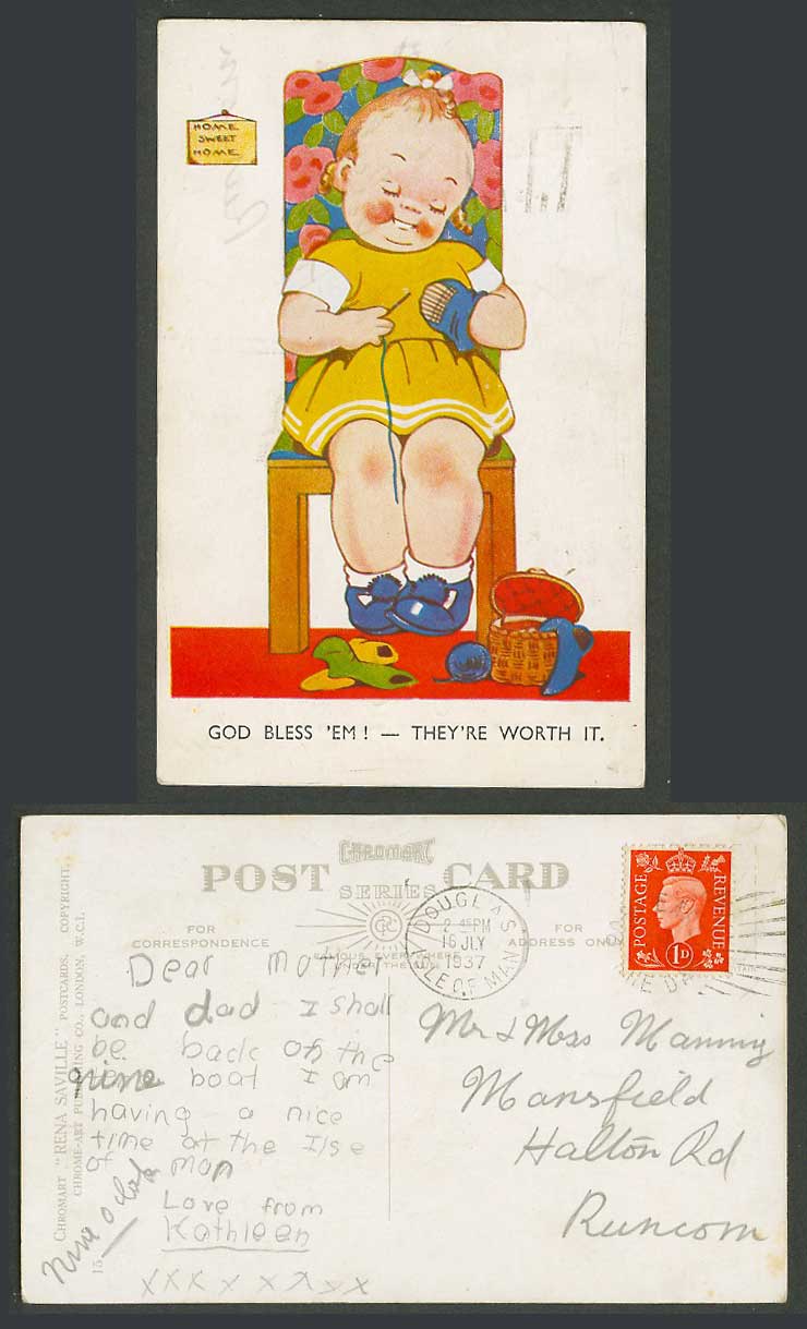 Rena Saville, God Bless 'em! They're worth it Home, Sweet Home 1937 Old Postcard