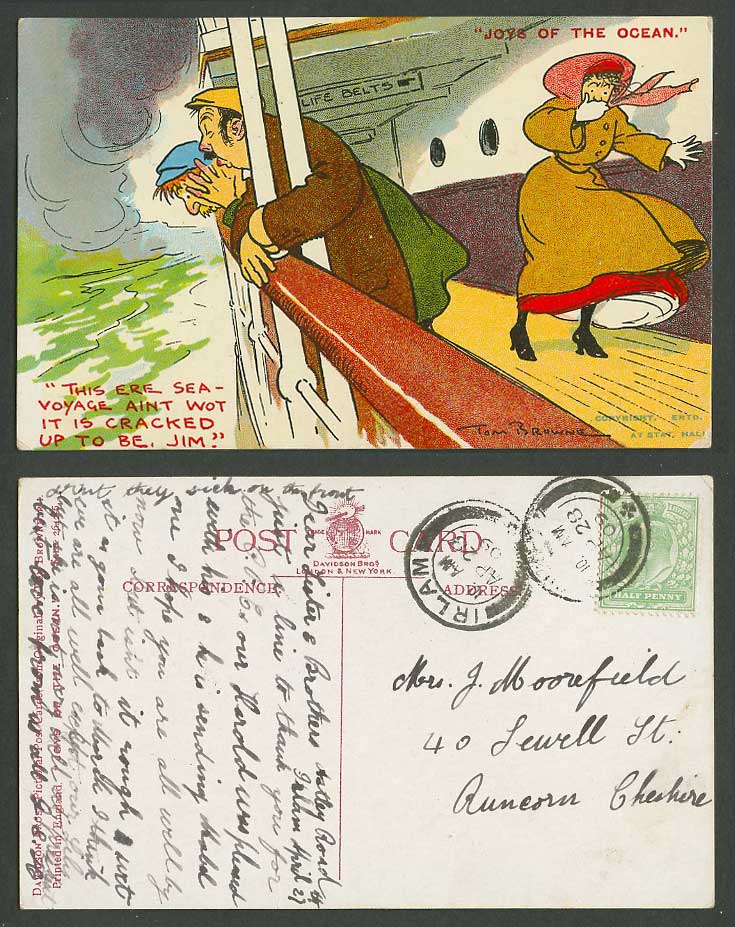 Tom Browne 1909 Old Postcard Joys of the Ocean Life Belts Sea Voyage Not Cracked