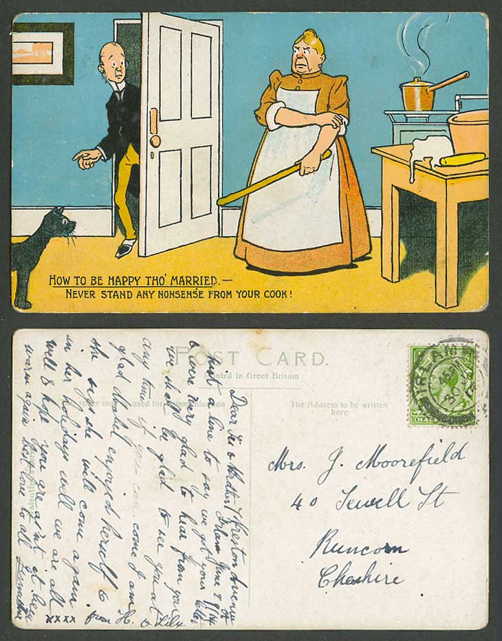 How to be happy tho' married never stand nonsense from Ur Cook 1914 Old Postcard