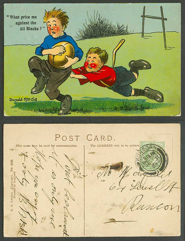 Donald McGill 1907 Old Postcard Rugby Sport What price me against the All Blacks
