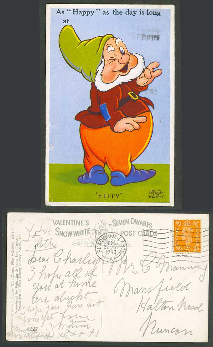 Walt Disney 1943 Old Postcard Snow White & Seven Dwarfs, As Happy as Day is Long