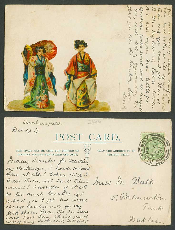 Japan 1907 Old Postcard Paper Cut-out of Geisha Girls Women Ladies, Umbrella Fan