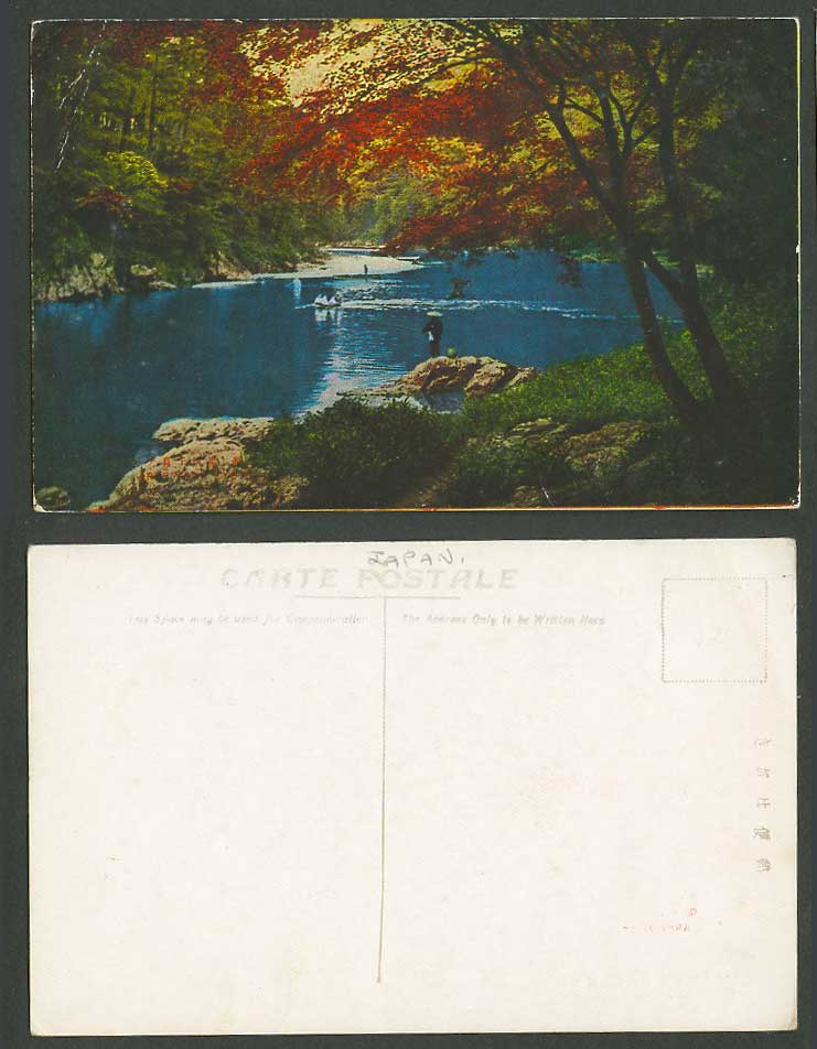 Japan Old Postcard Arashiyama Kyoto River Scene Angler Angling Fishing Rod 嵐山千鳥淵