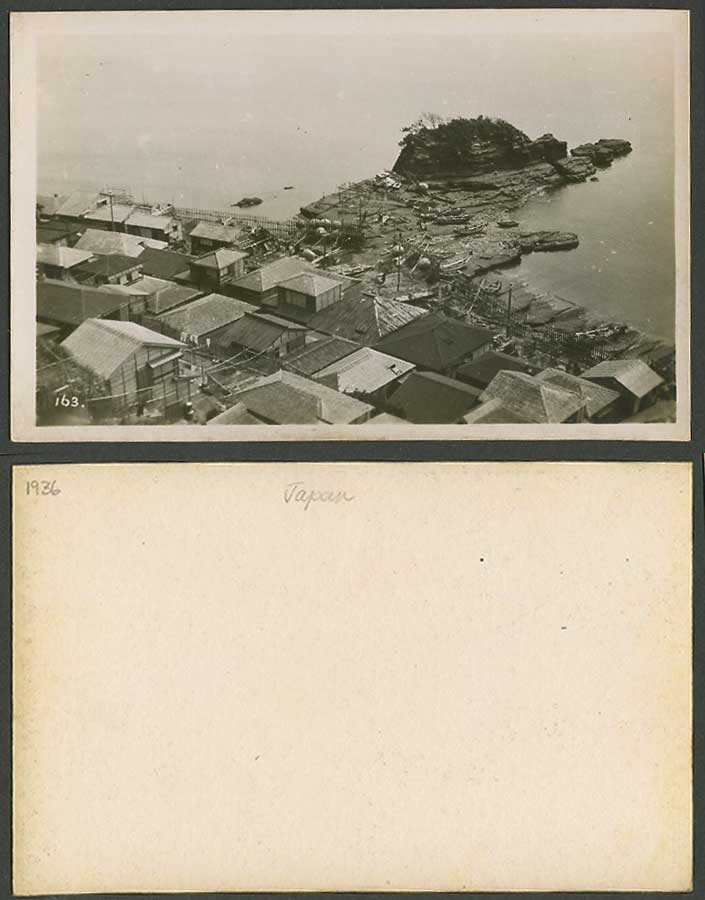 Japan 1936 Old Real Photo Postcard Seaside Coast Rocks Boats Harbour Houses 163.