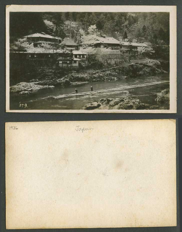 Japan 1936 Old Real Photo Postcard River Scene Rocks Rafts Houses Buildings 279