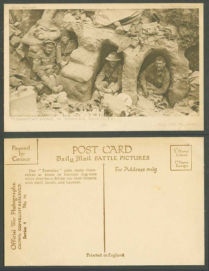 WW1 Daily Mail Old Postcard Our Tommies Tommy at Home in German Dug-Outs 4 No.29