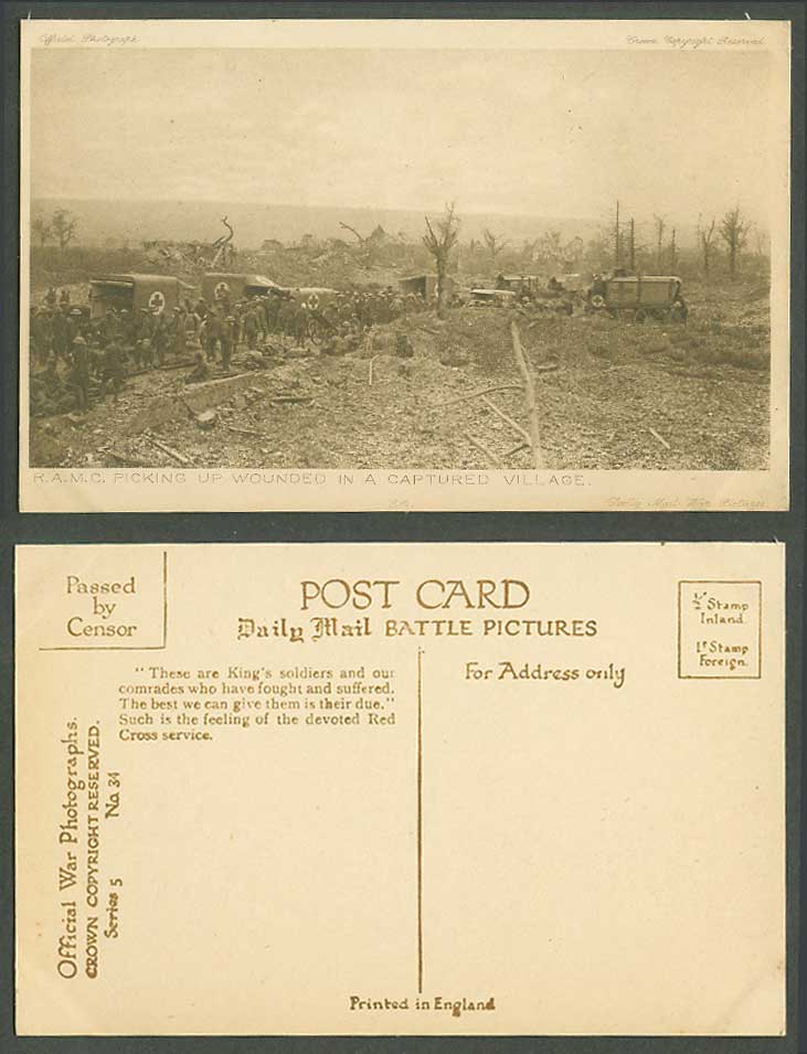 WW1 Daily Mail Old Postcard Red Cross RAMC Pick up Wounded at a Captured Village