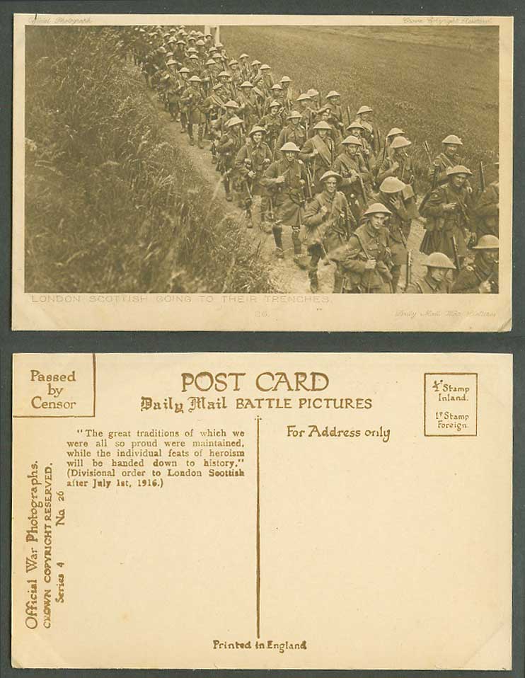 WW1 Daily Mail 1916 Old Postcard London Scottish Going to Trenches Soldiers 4 26