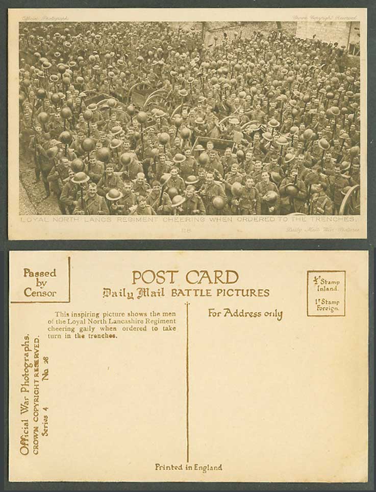 WW1 Daily Mail Old Postcard Loyal North Lancs Regiment Cheering to Trenches N.28