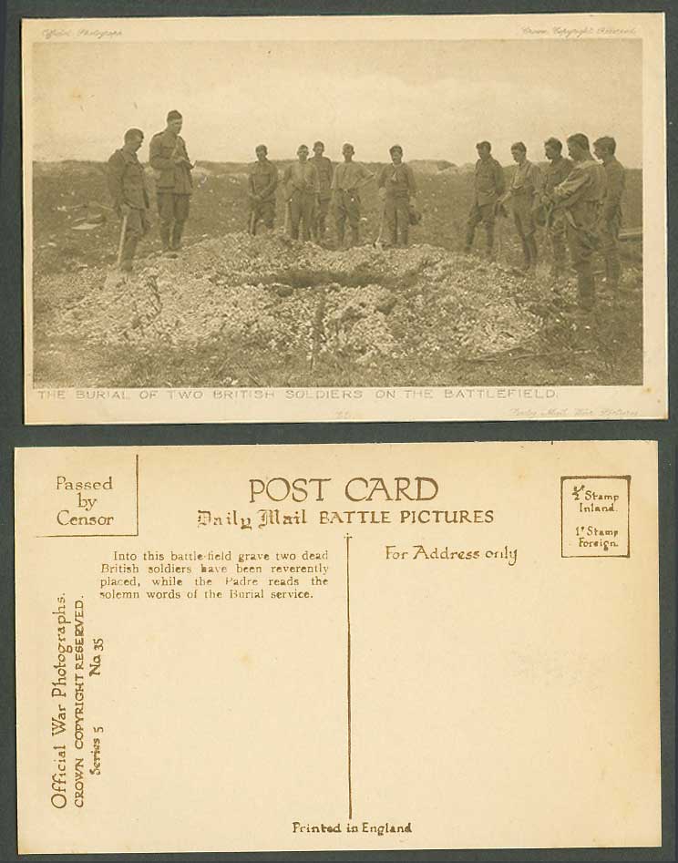 WW1 Daily Mail Old Postcard Burial of 2 British Soldiers on Battlefield Graves 5
