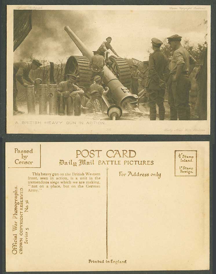 WW1 Daily Mail Old Postcard A British Heavy Gun in Action Soldiers Soldier Front