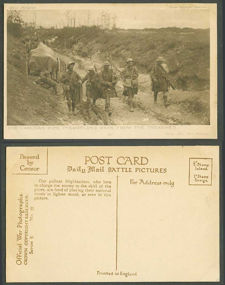WW1 Daily Mail Old Postcard Highlanders Pipe Themselves Back from Trenches No.37