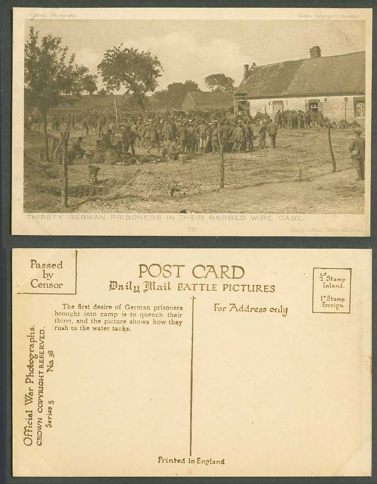 WW1 Daily Mail Old Postcard Thirsty German Prisoners of War, Barbed Wire Cage 38
