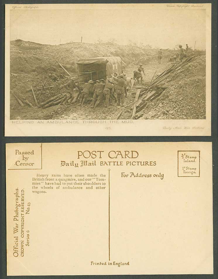 WW1 Daily Mail Old Postcard Soldiers Helping Ambulance Through Mud Red Cross 45.