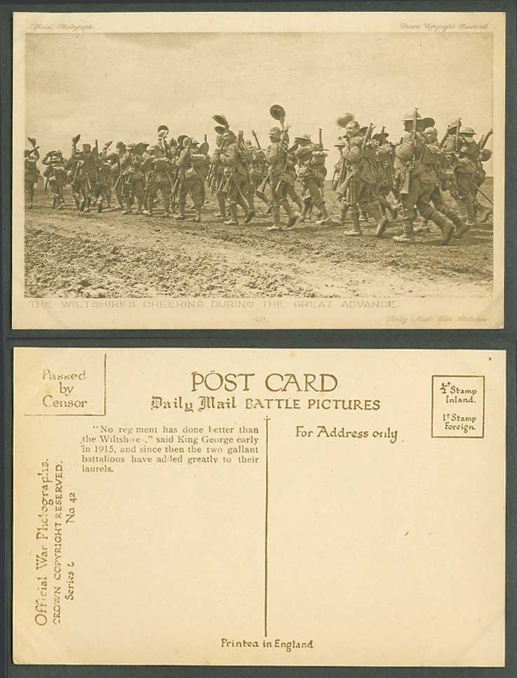 WW1 Daily Mail Old Postcard The Wiltshires Cheering During Great Advance Soldier