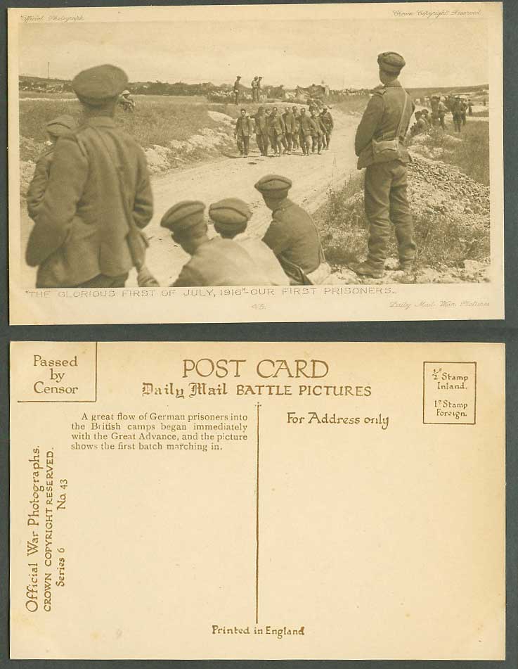 WW1 Daily Mail Old Postcard Glorious 1st July 1916 First Prisoners of War P.O.W.