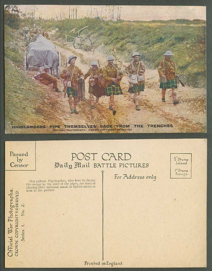 WW1 Daily Mail Old Postcard Highlanders Pipe Themselves Back from The Trenches 2