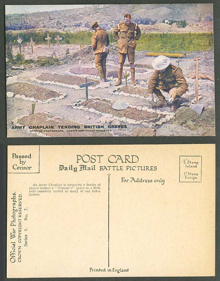 WW1 Daily Mail Old Postcard Army Chaplain Tending British Grave Soldier Cemetery
