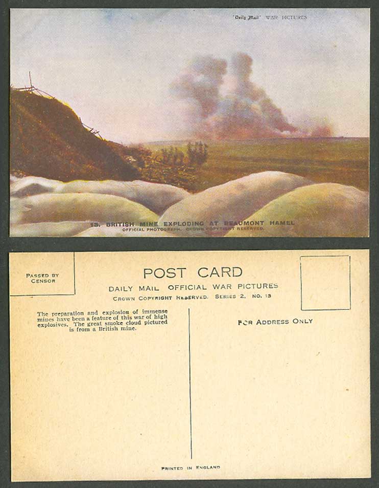 WW1 Daily Mail Old Postcard British Mine Exploding at Beaumont Hamel Moske Cloud